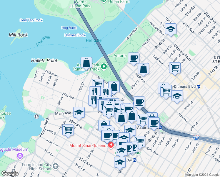 map of restaurants, bars, coffee shops, grocery stores, and more near 25-06 21st Street in Queens