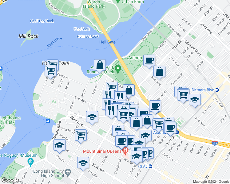 map of restaurants, bars, coffee shops, grocery stores, and more near 18-16 25th Road in Queens
