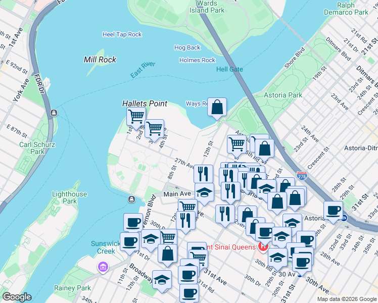 map of restaurants, bars, coffee shops, grocery stores, and more near 26-45 9th Street in Queens