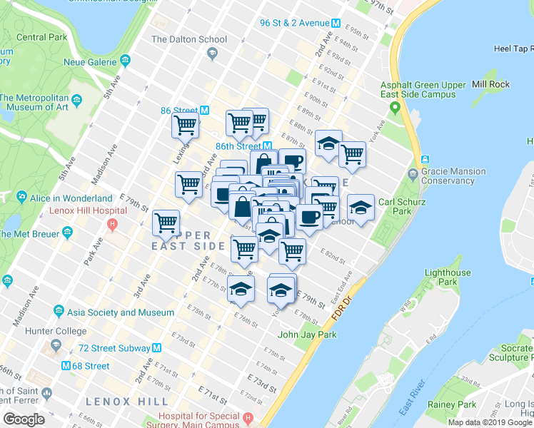 map of restaurants, bars, coffee shops, grocery stores, and more near 1569 1st Avenue in New York