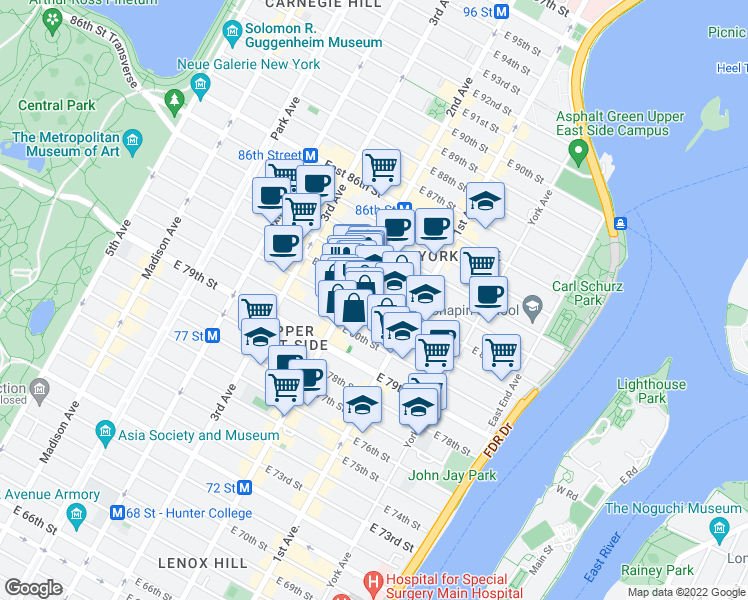 map of restaurants, bars, coffee shops, grocery stores, and more near 313 East 81st Street in New York