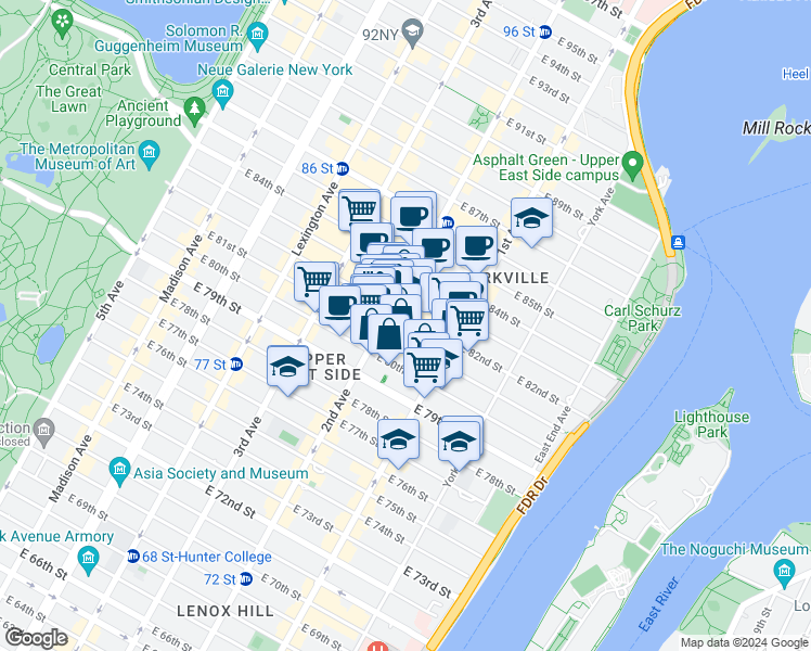 map of restaurants, bars, coffee shops, grocery stores, and more near 313 East 81st Street in New York