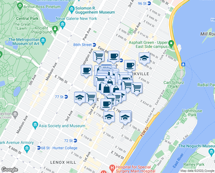 map of restaurants, bars, coffee shops, grocery stores, and more near 313 East 81st Street in New York