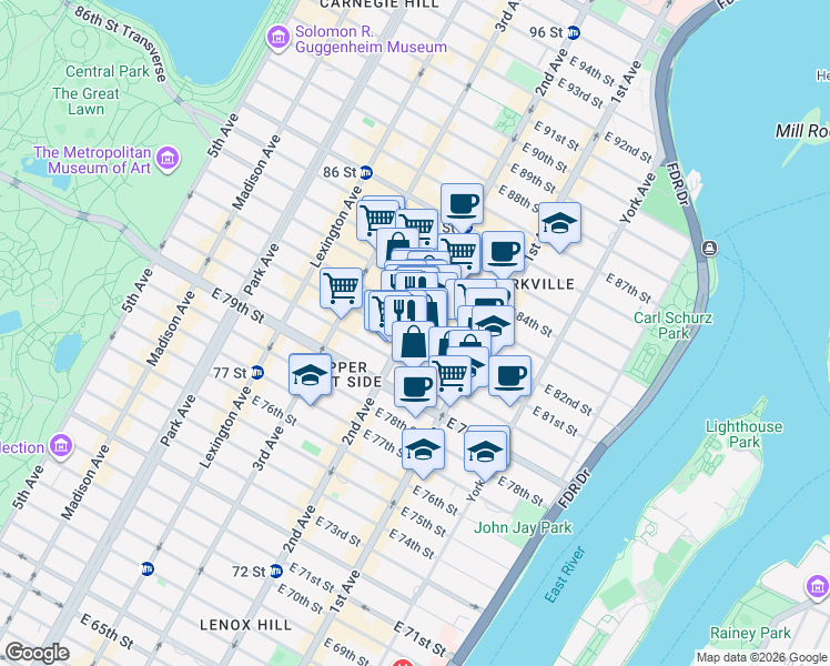 map of restaurants, bars, coffee shops, grocery stores, and more near 1568 2nd Avenue in New York