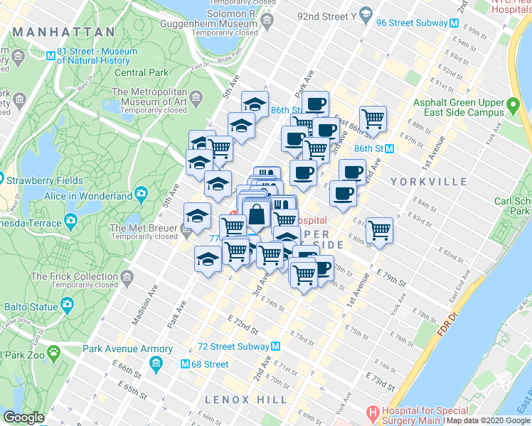 map of restaurants, bars, coffee shops, grocery stores, and more near 1129 Lexington Avenue in New York