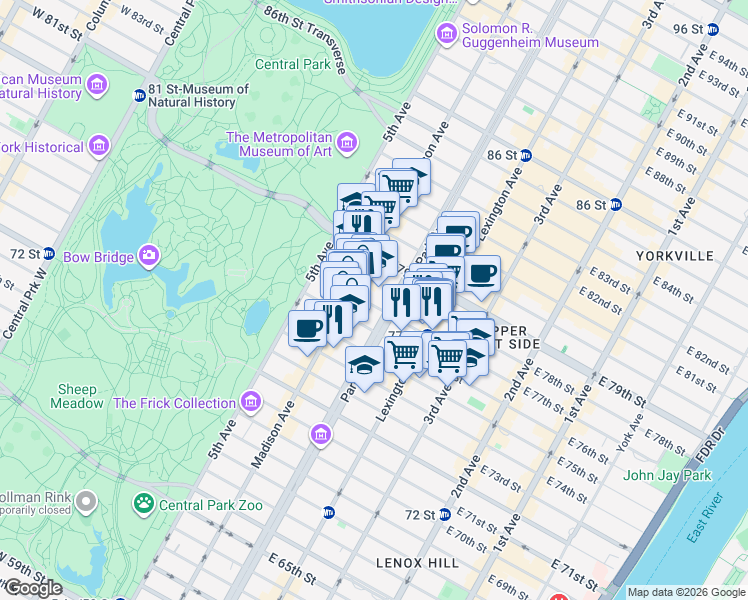 map of restaurants, bars, coffee shops, grocery stores, and more near 80 East 77th Street in New York