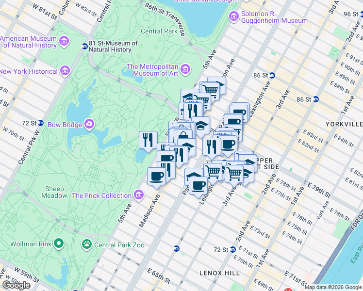 map of restaurants, bars, coffee shops, grocery stores, and more near 976 Madison Avenue in New York