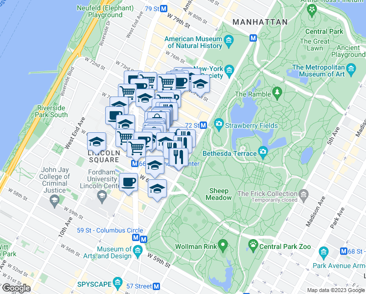 map of restaurants, bars, coffee shops, grocery stores, and more near 24 West 69th Street in New York