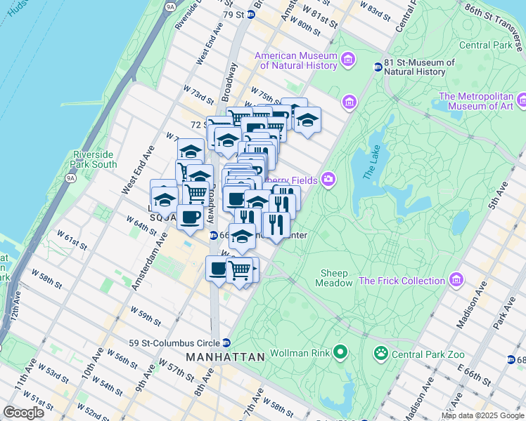 map of restaurants, bars, coffee shops, grocery stores, and more near 88 Central Park West in New York