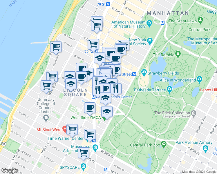 map of restaurants, bars, coffee shops, grocery stores, and more near 67 West 68th Street in New York
