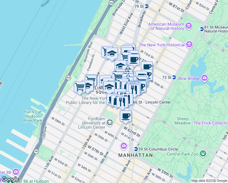 map of restaurants, bars, coffee shops, grocery stores, and more near in New York