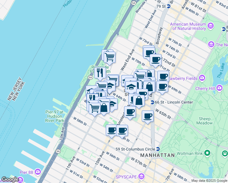 map of restaurants, bars, coffee shops, grocery stores, and more near in New York