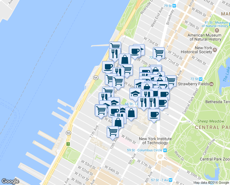 map of restaurants, bars, coffee shops, grocery stores, and more near in New York