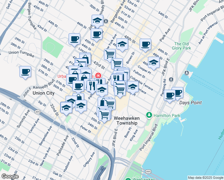 map of restaurants, bars, coffee shops, grocery stores, and more near 125 40th Street in Union City