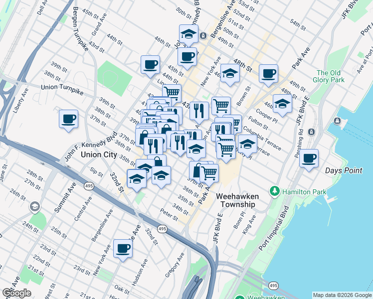 map of restaurants, bars, coffee shops, grocery stores, and more near 208 39th Street in Union City