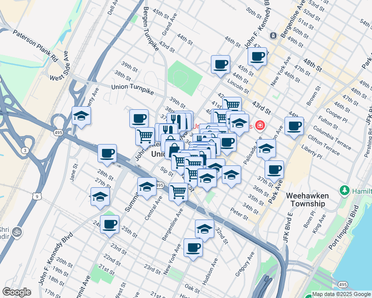 map of restaurants, bars, coffee shops, grocery stores, and more near 542 35th Street in Union City