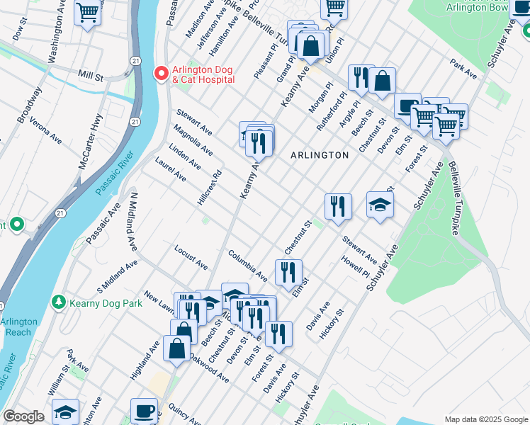 map of restaurants, bars, coffee shops, grocery stores, and more near 152 Linden Avenue in Kearny