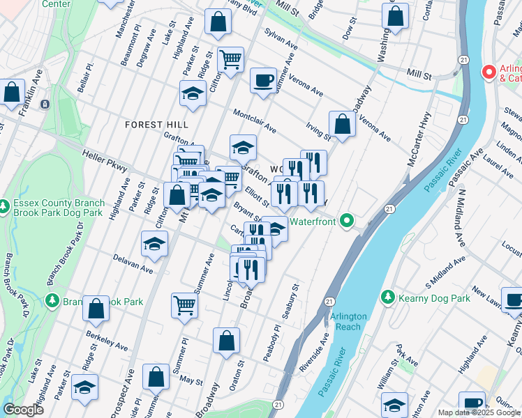 map of restaurants, bars, coffee shops, grocery stores, and more near 25-29 Bryant Street in Newark
