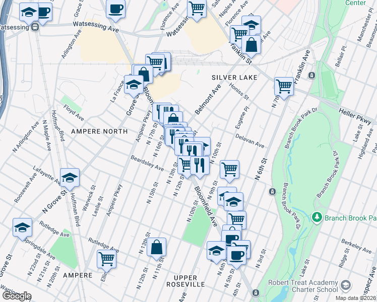 map of restaurants, bars, coffee shops, grocery stores, and more near 134-136 Davenport Avenue in Newark