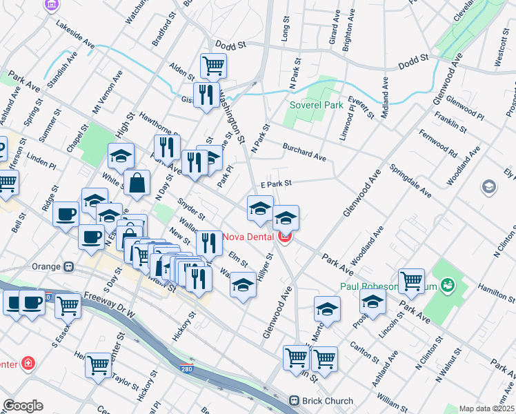 map of restaurants, bars, coffee shops, grocery stores, and more near 730 Park Avenue in East Orange