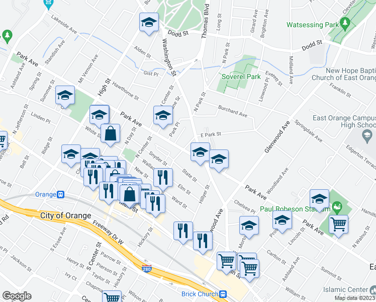 map of restaurants, bars, coffee shops, grocery stores, and more near 730 Park Avenue in East Orange