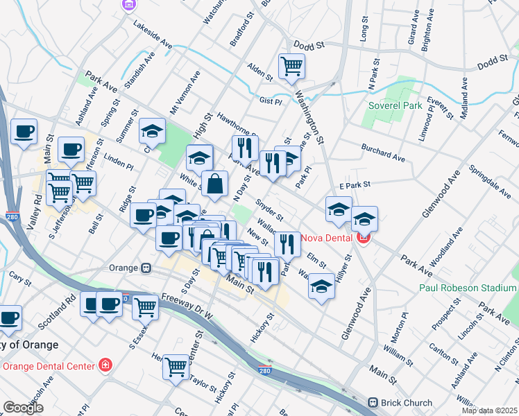 map of restaurants, bars, coffee shops, grocery stores, and more near 245 Wallace Street in City of Orange