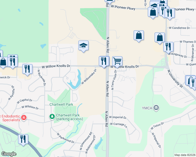 map of restaurants, bars, coffee shops, grocery stores, and more near 2626 West Willowlake Drive in Peoria