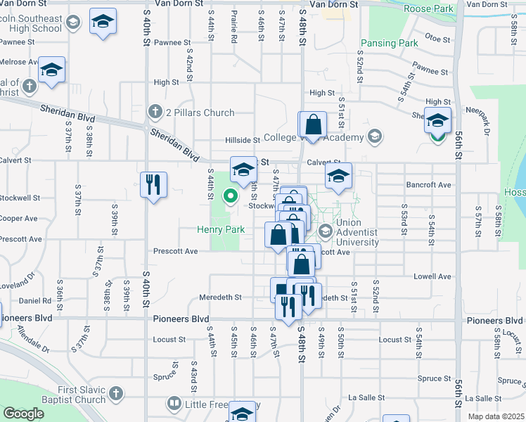 map of restaurants, bars, coffee shops, grocery stores, and more near 3835 South 47th Street in Lincoln