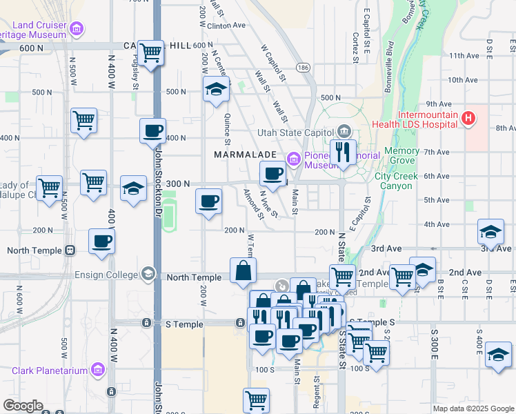 map of restaurants, bars, coffee shops, grocery stores, and more near 245 North Vine Street in Salt Lake City