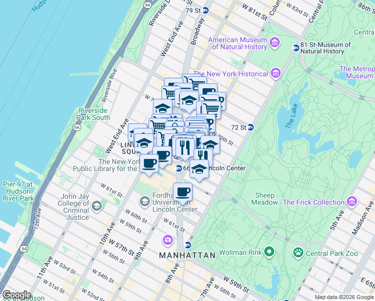 map of restaurants, bars, coffee shops, grocery stores, and more near 111 West 67th Street in New York