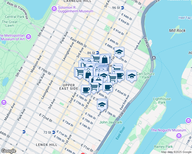 map of restaurants, bars, coffee shops, grocery stores, and more near 341 East 82nd Street in New York