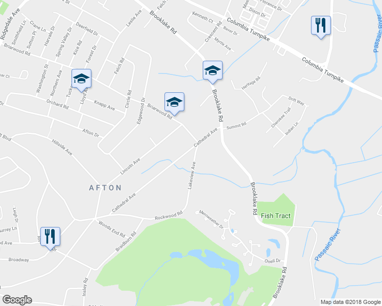 map of restaurants, bars, coffee shops, grocery stores, and more near 92 Cathedral Avenue in Florham Park