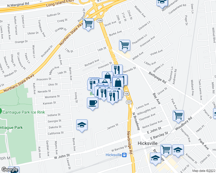 map of restaurants, bars, coffee shops, grocery stores, and more near 1100 Broadway Mall in Hicksville