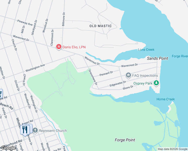 map of restaurants, bars, coffee shops, grocery stores, and more near 54 Pennant Drive in Mastic Beach