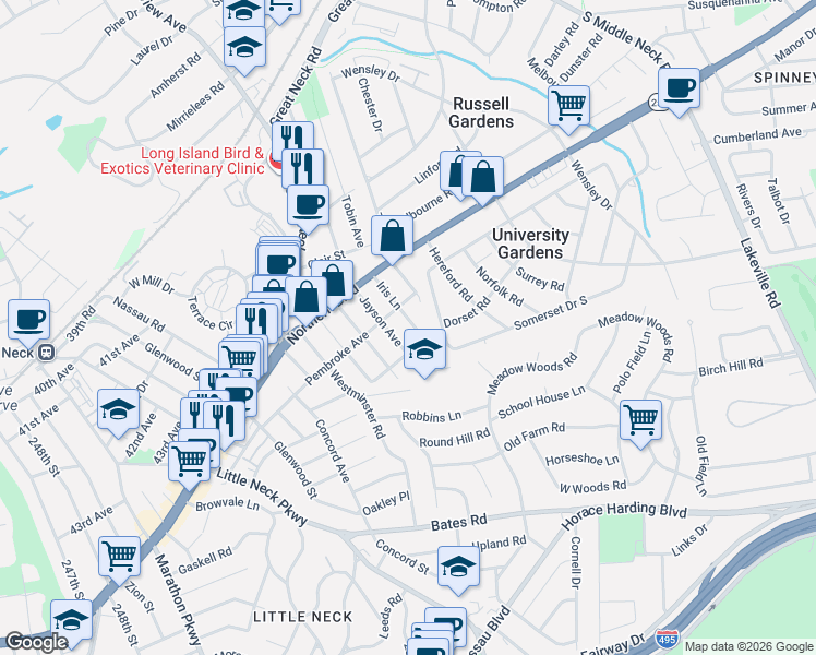 map of restaurants, bars, coffee shops, grocery stores, and more near 4619 Jayson Avenue in Great Neck