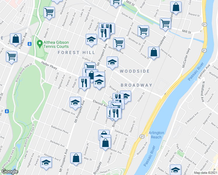 map of restaurants, bars, coffee shops, grocery stores, and more near 58 Bryant Street in Newark
