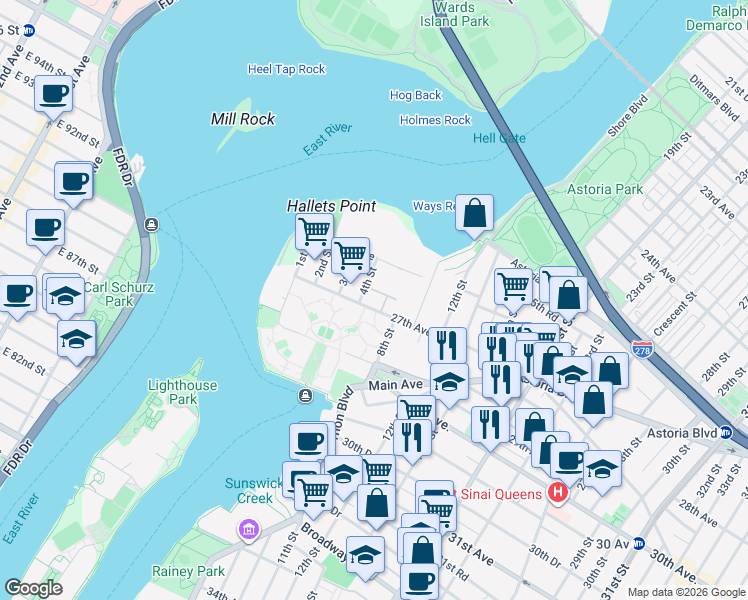 map of restaurants, bars, coffee shops, grocery stores, and more near 4-21 27th Avenue in Queens