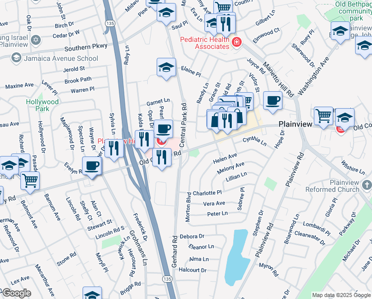 map of restaurants, bars, coffee shops, grocery stores, and more near 885 Old Country Road in Plainview