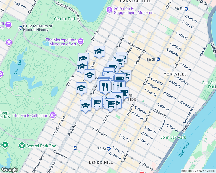 map of restaurants, bars, coffee shops, grocery stores, and more near 1129 Lexington Avenue in New York