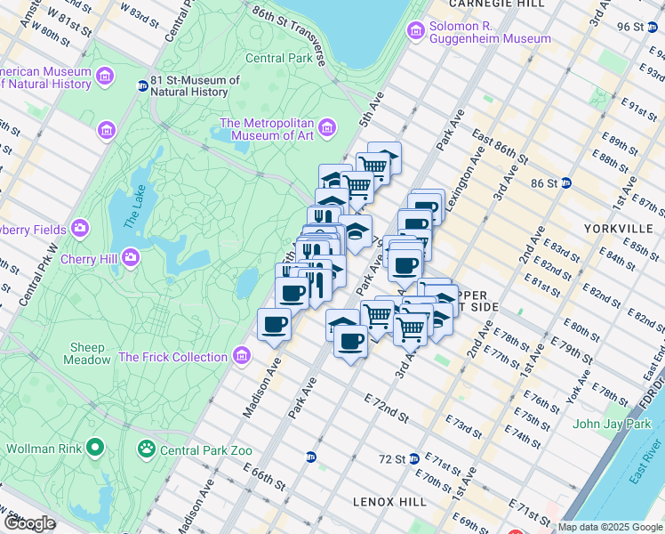 map of restaurants, bars, coffee shops, grocery stores, and more near 991 Madison Avenue in New York