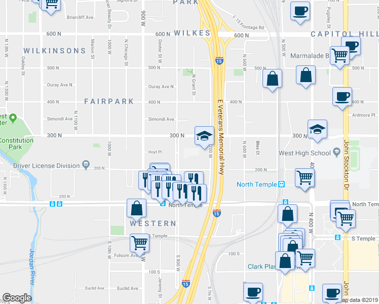 map of restaurants, bars, coffee shops, grocery stores, and more near 750 West 200 North in Salt Lake City