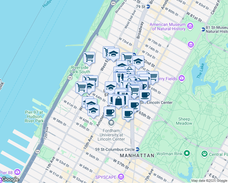 map of restaurants, bars, coffee shops, grocery stores, and more near 122 Amsterdam Avenue in New York