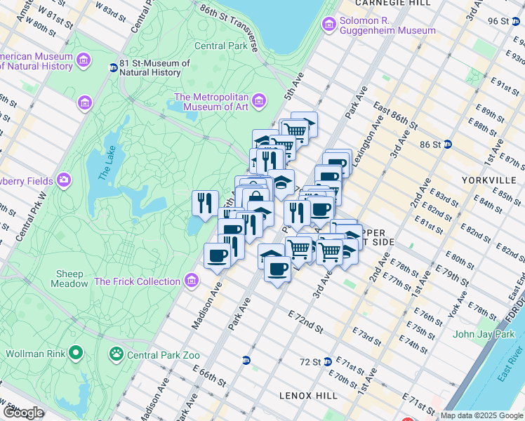 map of restaurants, bars, coffee shops, grocery stores, and more near 50 East 77th Street in New York
