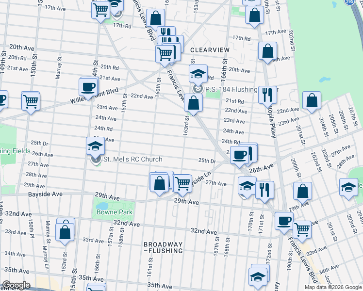 map of restaurants, bars, coffee shops, grocery stores, and more near 25-10 163rd Street in Queens