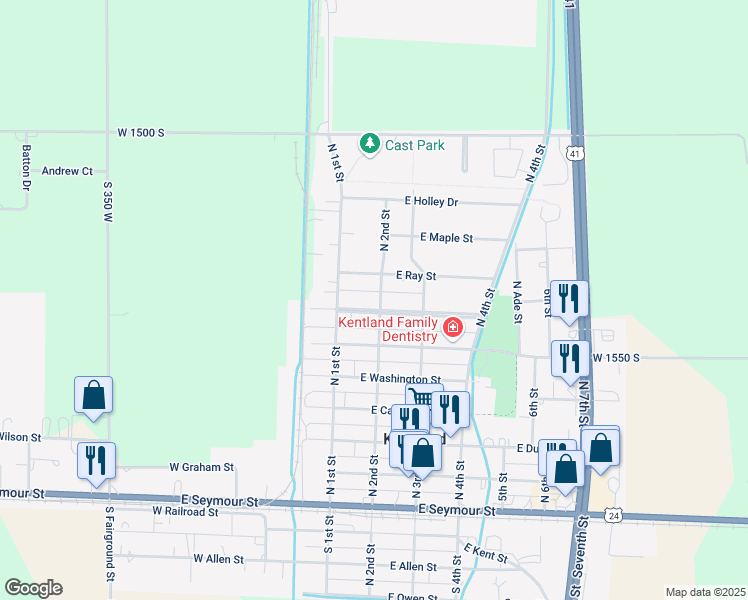 map of restaurants, bars, coffee shops, grocery stores, and more near 114 E Iroquois St in Kentland