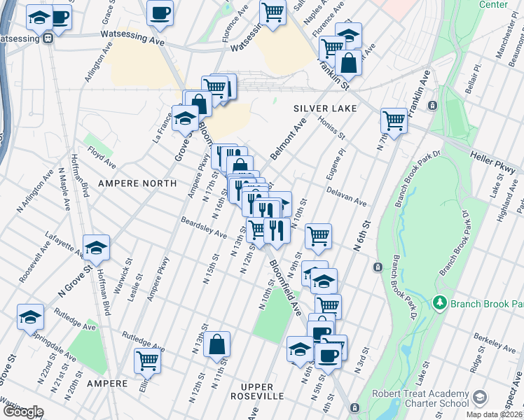 map of restaurants, bars, coffee shops, grocery stores, and more near 134-136 Davenport Avenue in Newark