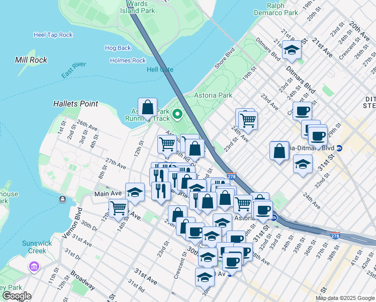 map of restaurants, bars, coffee shops, grocery stores, and more near 25-06 21st Street in Queens