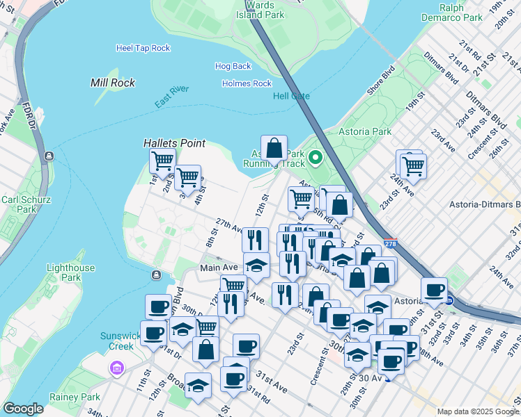 map of restaurants, bars, coffee shops, grocery stores, and more near 2586 12th Street in Queens