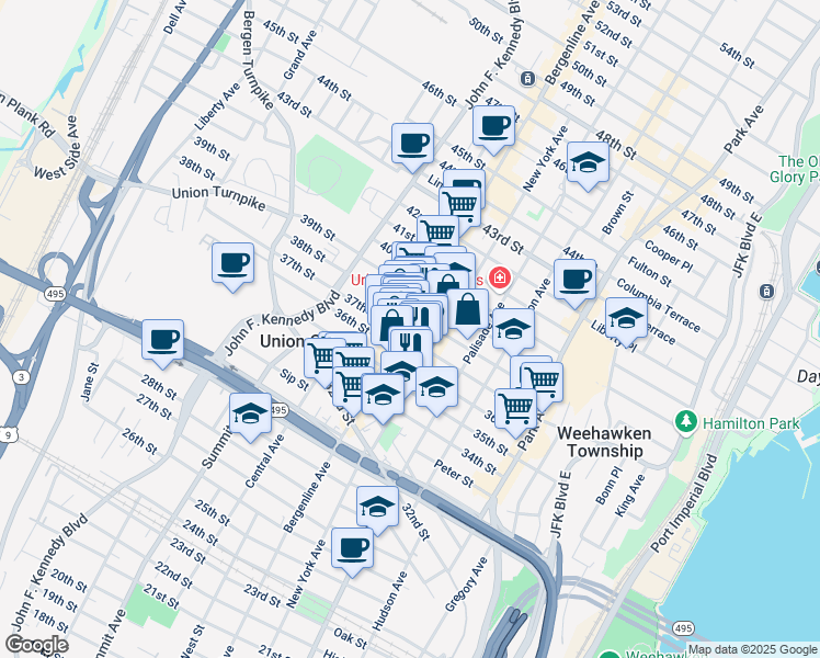map of restaurants, bars, coffee shops, grocery stores, and more near 408 37th Street in Union City