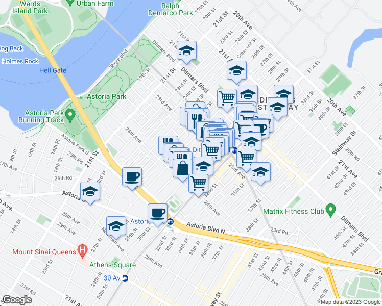 map of restaurants, bars, coffee shops, grocery stores, and more near 23-40 28th Street in Queens